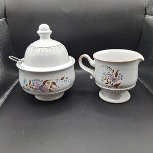 Denby England Pottery Creamer Sugar Bowl W/Lid/Spoon Floral Butterfly Design VTG